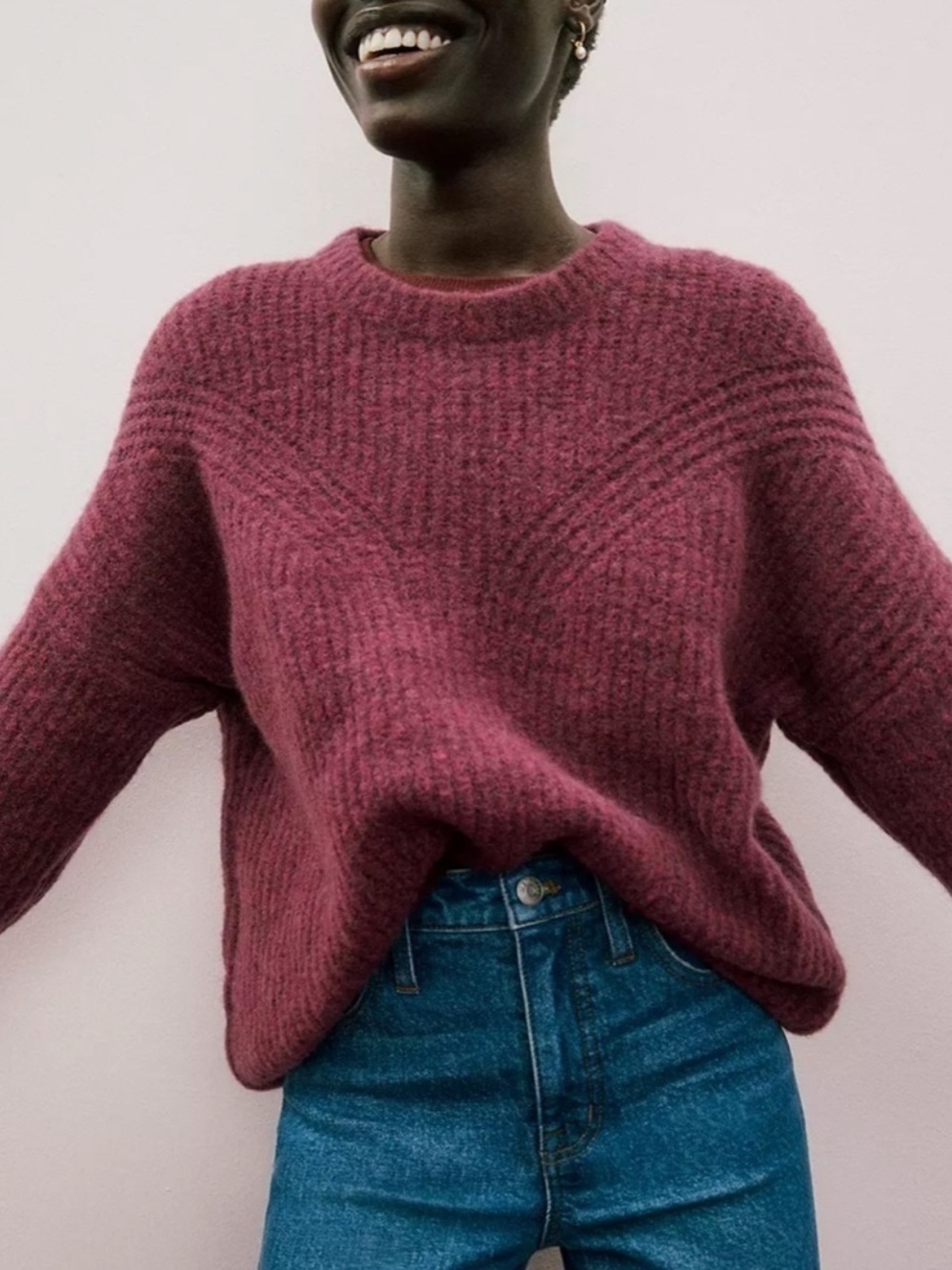 MADEWELL Belfiore Ribbed Wool Camel Hair Crewneck Purple Ribbed Sweater, L